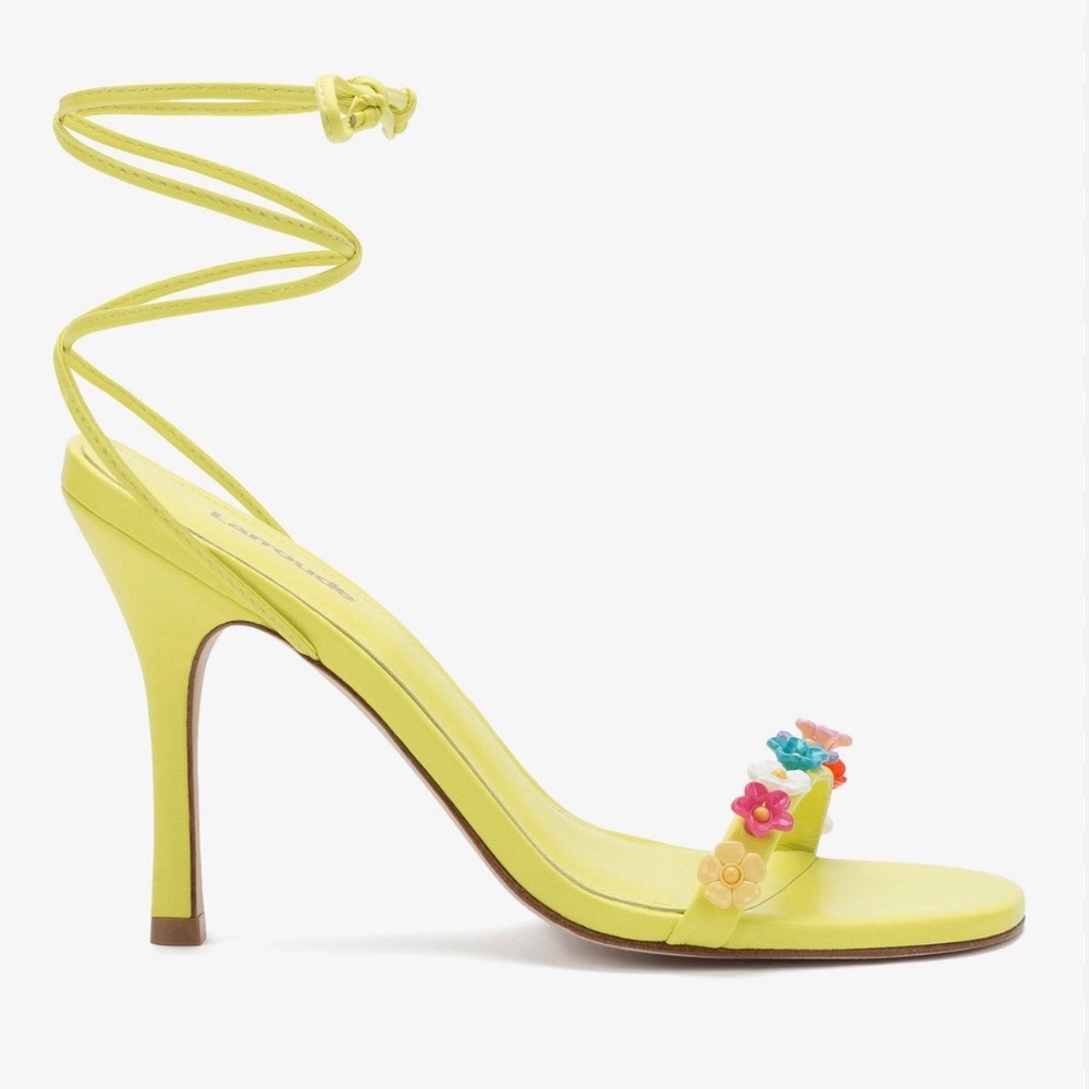 LARROUDE "Goldie" Sandal Heel Multicolor Flower in Lemon Leather 7